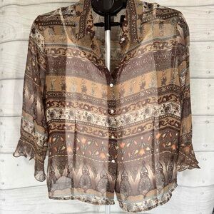 Nicola Sheer Boho Floral Button Front Blouse Size Large